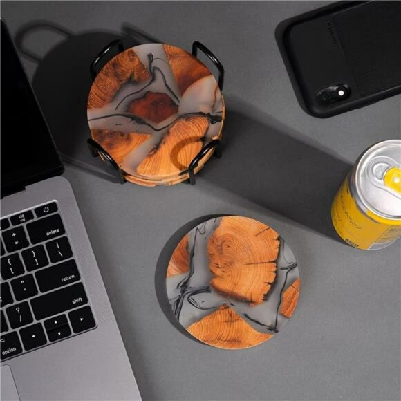 Wooden Resin Drink Coasters Set of 6 with Holder Absorbent Coffee Table Decor - Picture 6 of 7